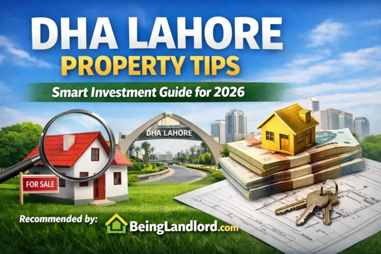 DHA Lahore property tips featured image showing house model, cash investment, and real estate planning concept for smart property investment in 2026